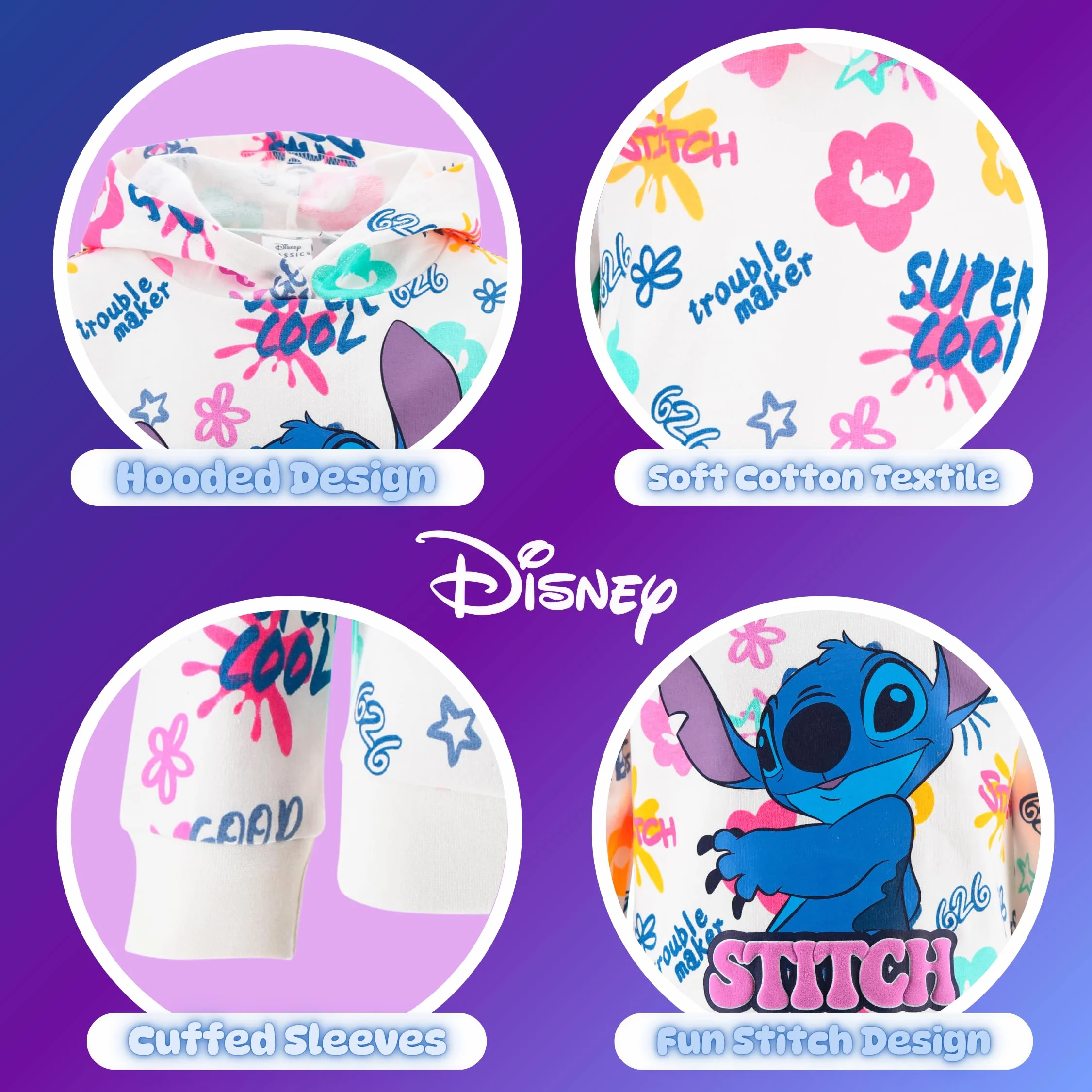 Disney Stitch Felpa per Ragazze, Maglione Motivo Stitch, Jersey Pullover con Cappuccio in Tessuto Morbido per Bambina, Taglie 3 a 8 Anni