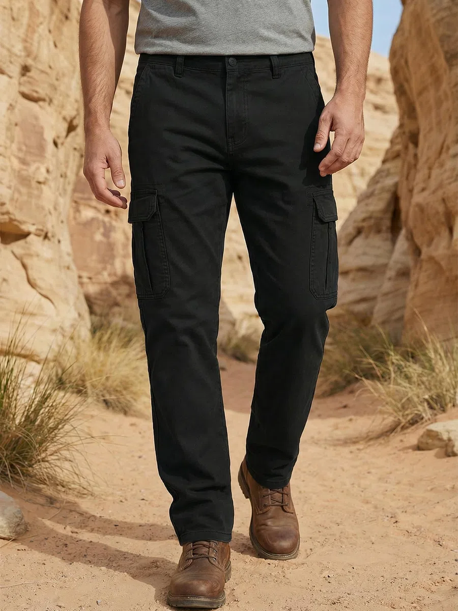 Runcati Pantaloni da uomo, vestibilità normale, pantaloni cargo da uomo, tinta unita, casual, in cotone, elastico in vita, pantaloni sportivi per attività all'aria aperta, con tasche
