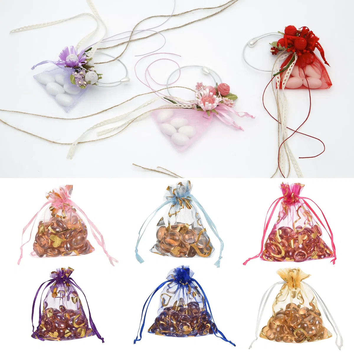QUARKZMAN Sacchetti Organza, 10 x 12cm, Buste Regalo con Coulisse Cuore in Rete Trasparente, Sacchettini Bomboniere Ingrosso, Sacchetti per Gioielli,(Bianco-Oro, 100Pz)