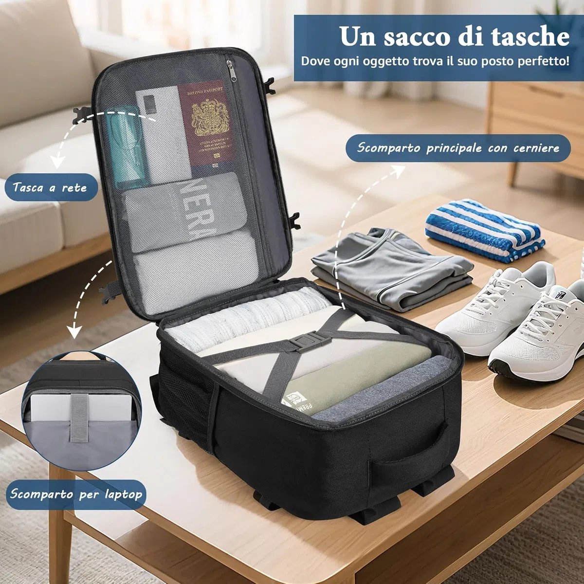 Zaino Ryanair 40x30x20, 25L Bagaglio a Mano Aereo Zaino da Viaggio per Donna Uomo, Impermeabile Zaino per 15.6 pc Travel Bag Compatto Leggero per Eurowings, Wizz Air, ITA Airways, Easyjet, Nero