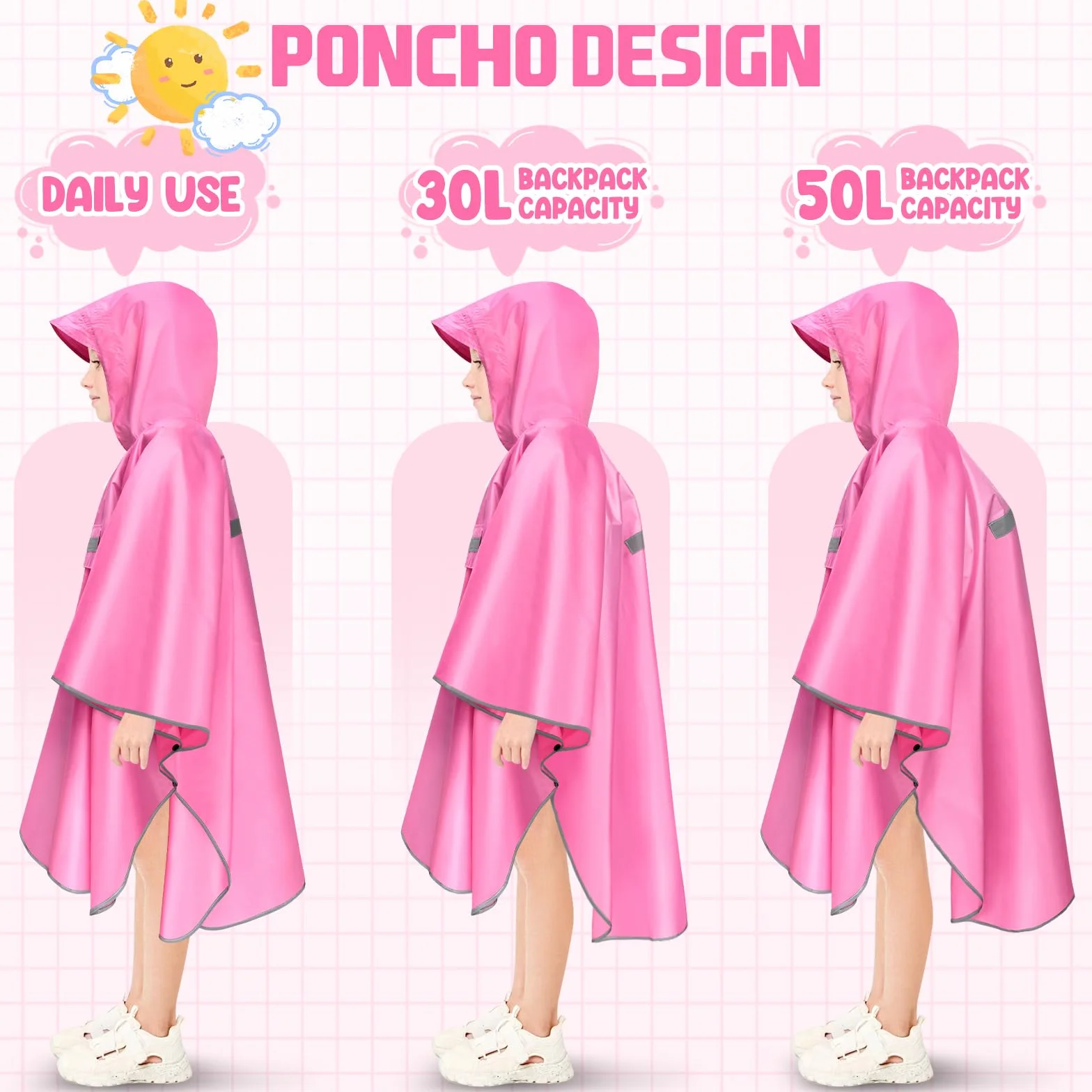 Mantella Antipioggia Bambino Leggero Poncho Antipioggia Bambino Impermeabile Con Strisce Riflettenti Unisex Poncho Antipioggia Per Ragazze E Ragazzi 120-160cm