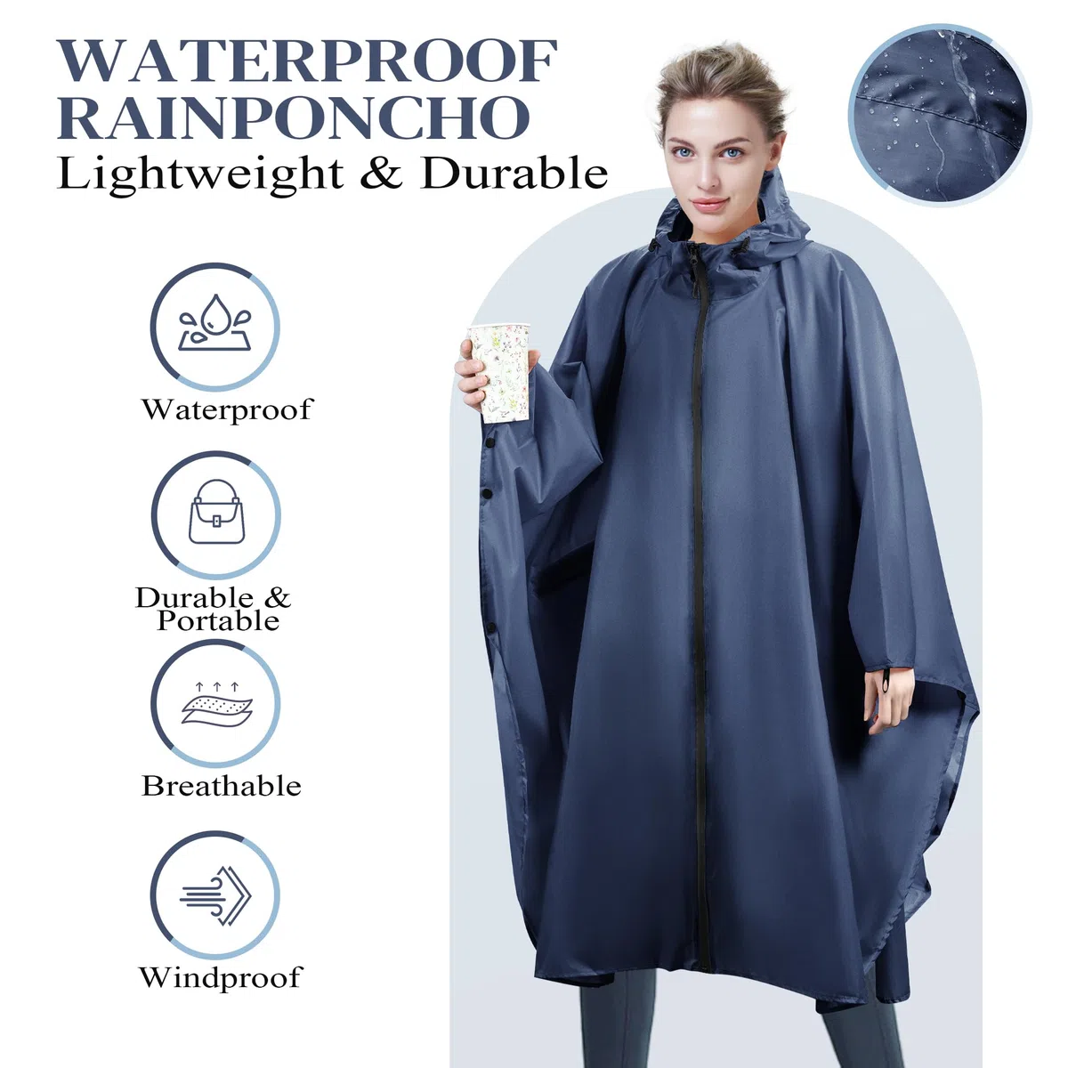 Poncho Antipioggia, Giacca Antipioggia Unisex da Donna, Impermeabile con Cappuccio con Cerniera Poncho Antipioggia Riutilizzabile per Escursioni Campeggio Ciclismo Attività All'aperto