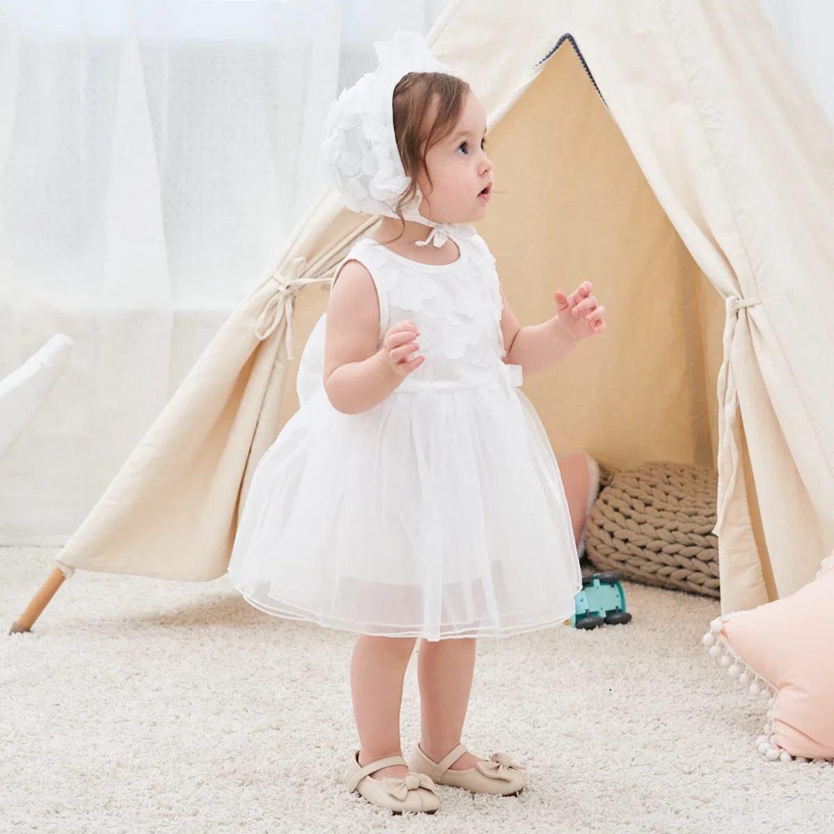 famuka Abiti da Bambina Abito da Battesimo Abito da Sposa Abiti da Battesimo di Compleanno per Matrimoni Principessa (12 Mesi, Bianco)