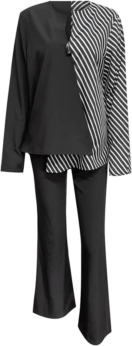 Donna Color Blocking Pantaloni Larghi Due Pezzi Abito Elegante Casual Formale 2 Pezzi Casual Top Maniche Lunghe Sera Pantaloni Donna