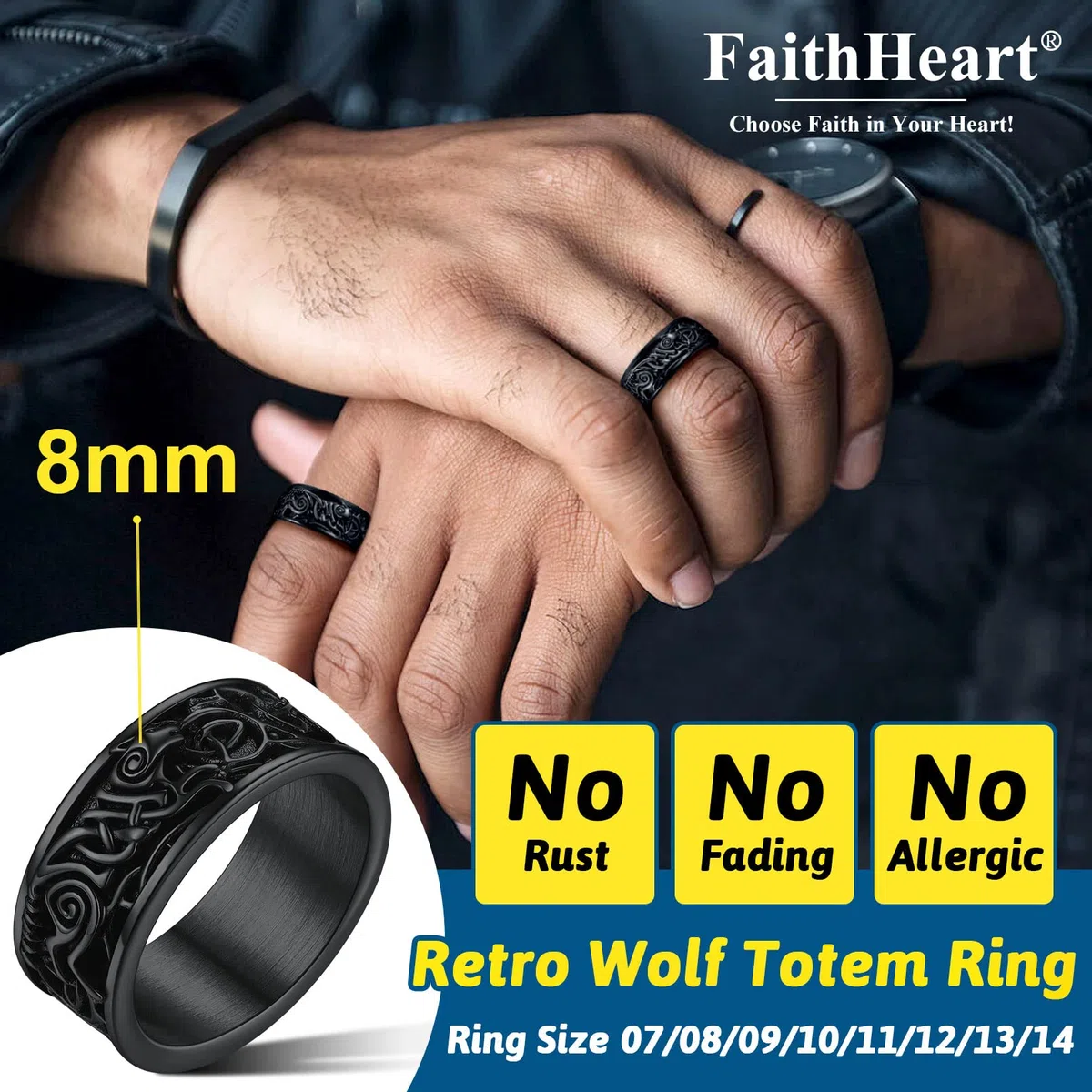 FaithHeart Anello Uomo Totem del Lupo Vichingo Anello in Acciaio Inox Anello Vintage con Runa Retro Anello da Dito con Nodo Celtico Taglia US 7-14 IT 14-32