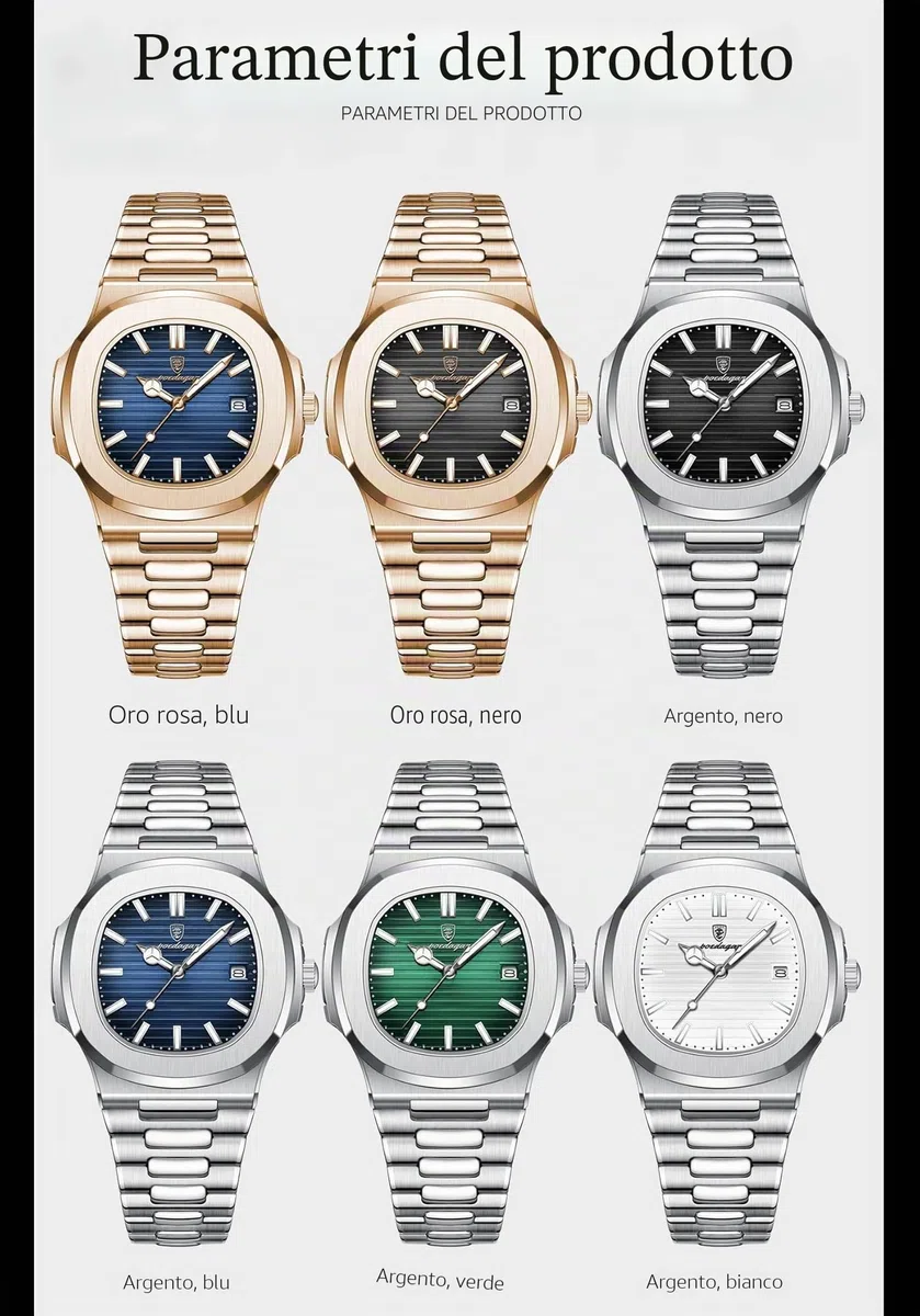 Poedagar Orologio da polso da uomo alla moda, cinturino in acciaio inox, al quarzo, impermeabile, luminoso, con data, quadrato, da uomo