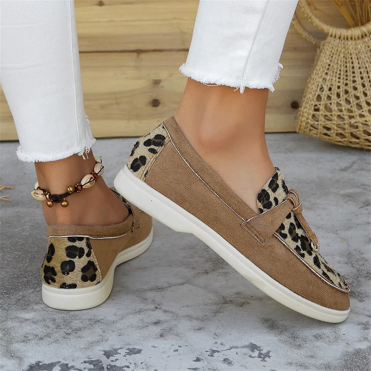 Scarpe basse da donna larghe H leopardate, traspiranti, ortopediche, antiscivolo, leggere, casual, comode e per il tempo libero