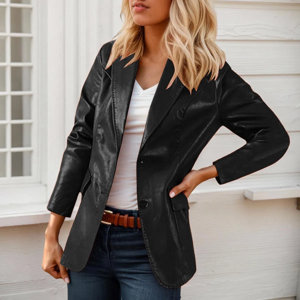 Giacca in similpelle da donna Punk PU blazer Y2K Retro Camicetta a maniche lunghe, con colletto a risvolto, per il tempo libero, elegante bomber