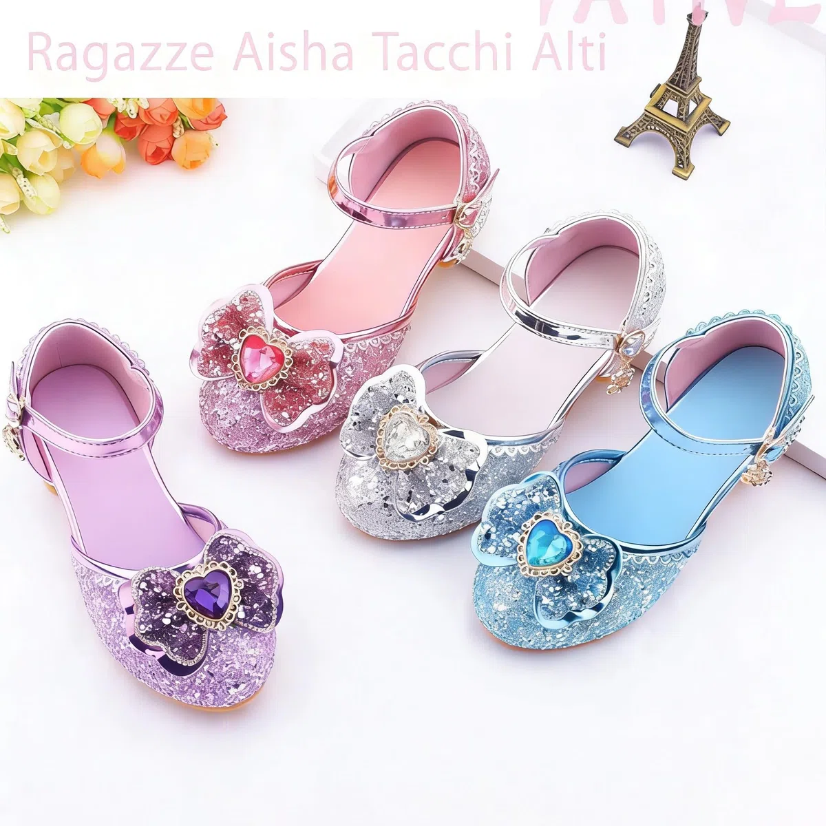 Scarpe Principessa Bambina Scarpe Tacco Bimba Glitterate Scarpe in Pelle per Ragazze Performance Scarpe di Cristallo Eleganti