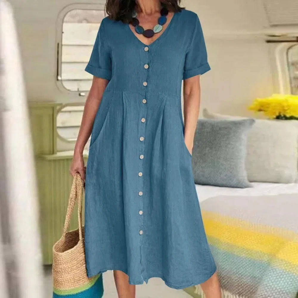 Abito da Donna in Cotone e Lino con Bottoni, Maxi Abito Casual con Scollo a V e Maniche Corte, Tinta Unita, Leggero, Ampio, con Tasca