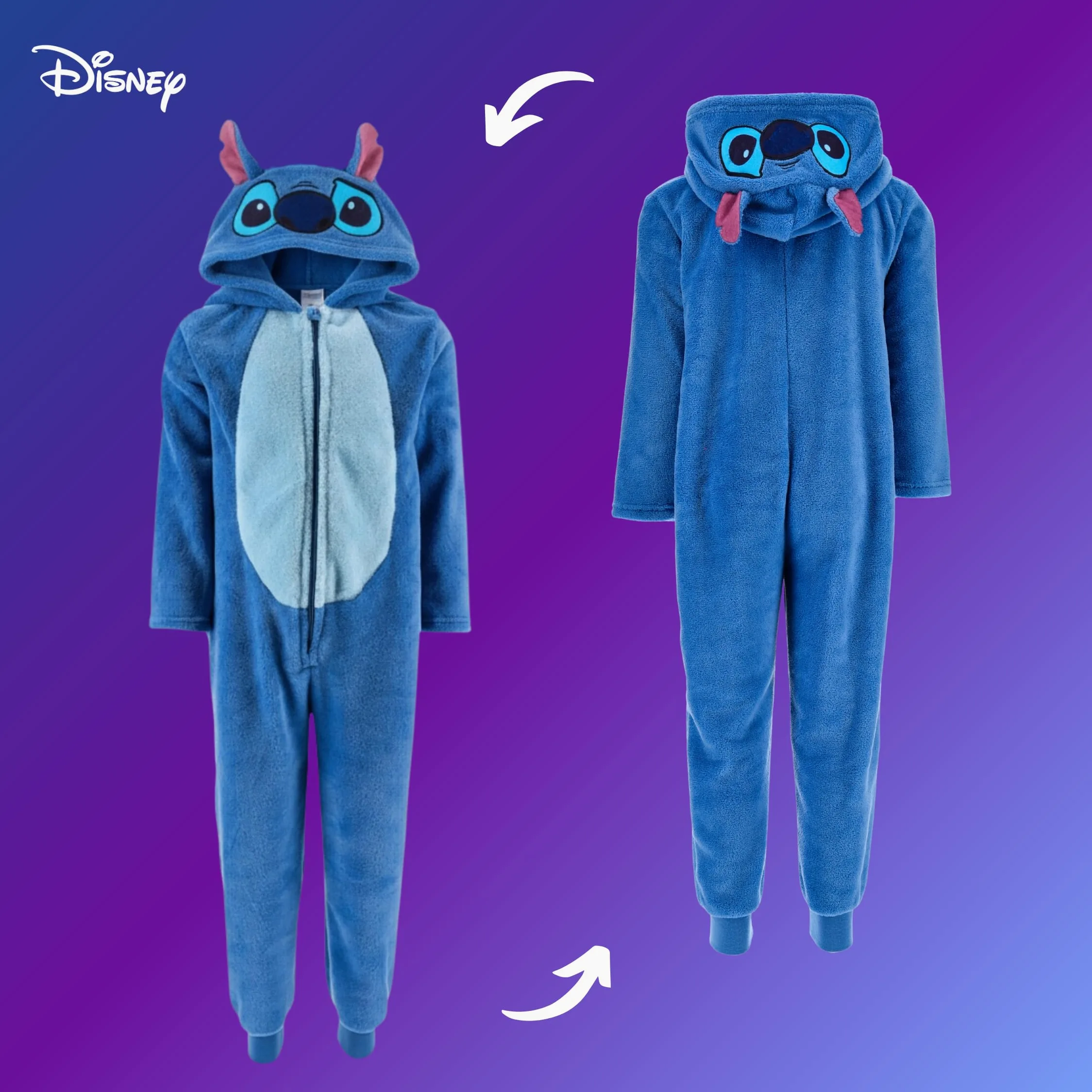 Disney Stitch Pigiama per Ragazze, Pigiama Intero in Morbido Pile con Cappuccio 3D per Bambina, Taglie 3 a 8 Anni