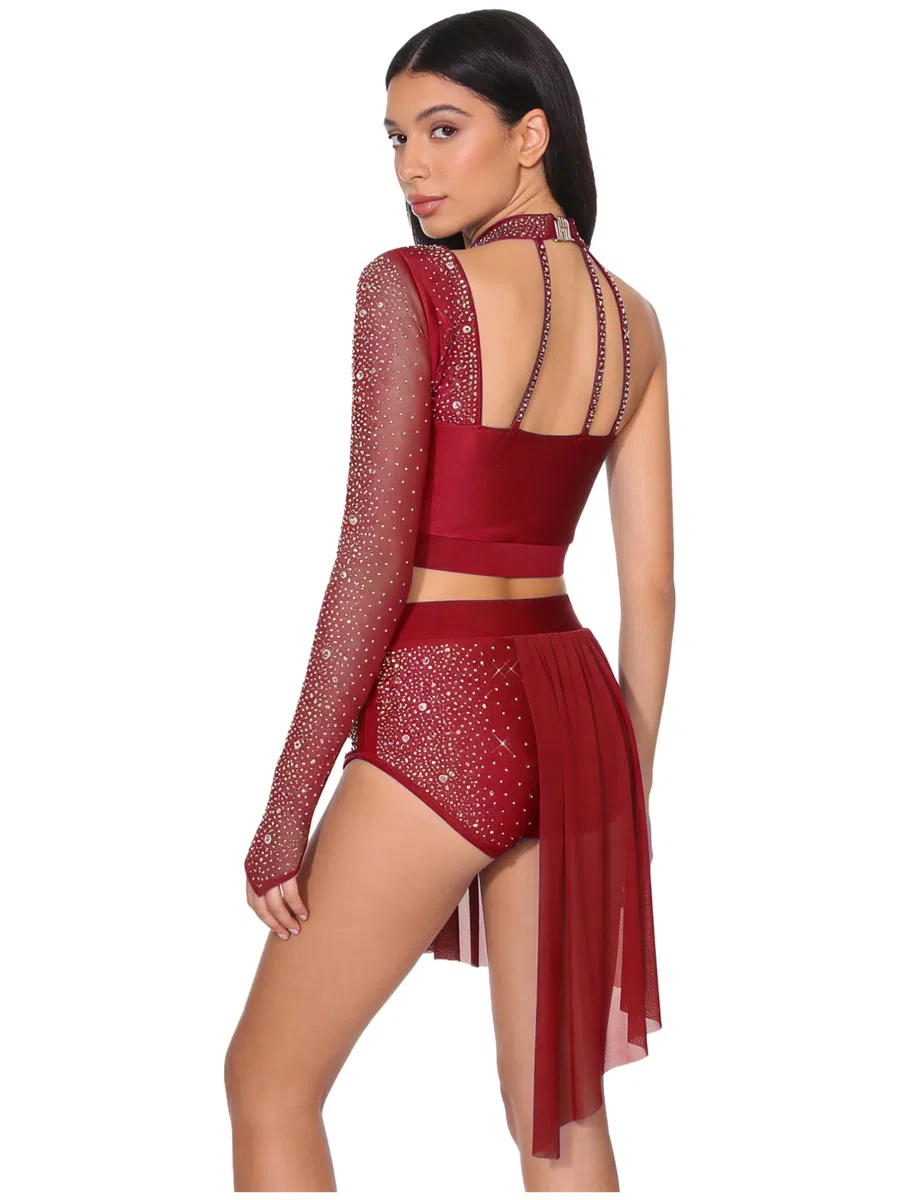 Agoky 2 Pezzi Vestito da Danza Lirica Donna con Strass Crop Top con Gonna Irregolare in Rete Abito da Pattinaggio Artistico Latino Tango Performance