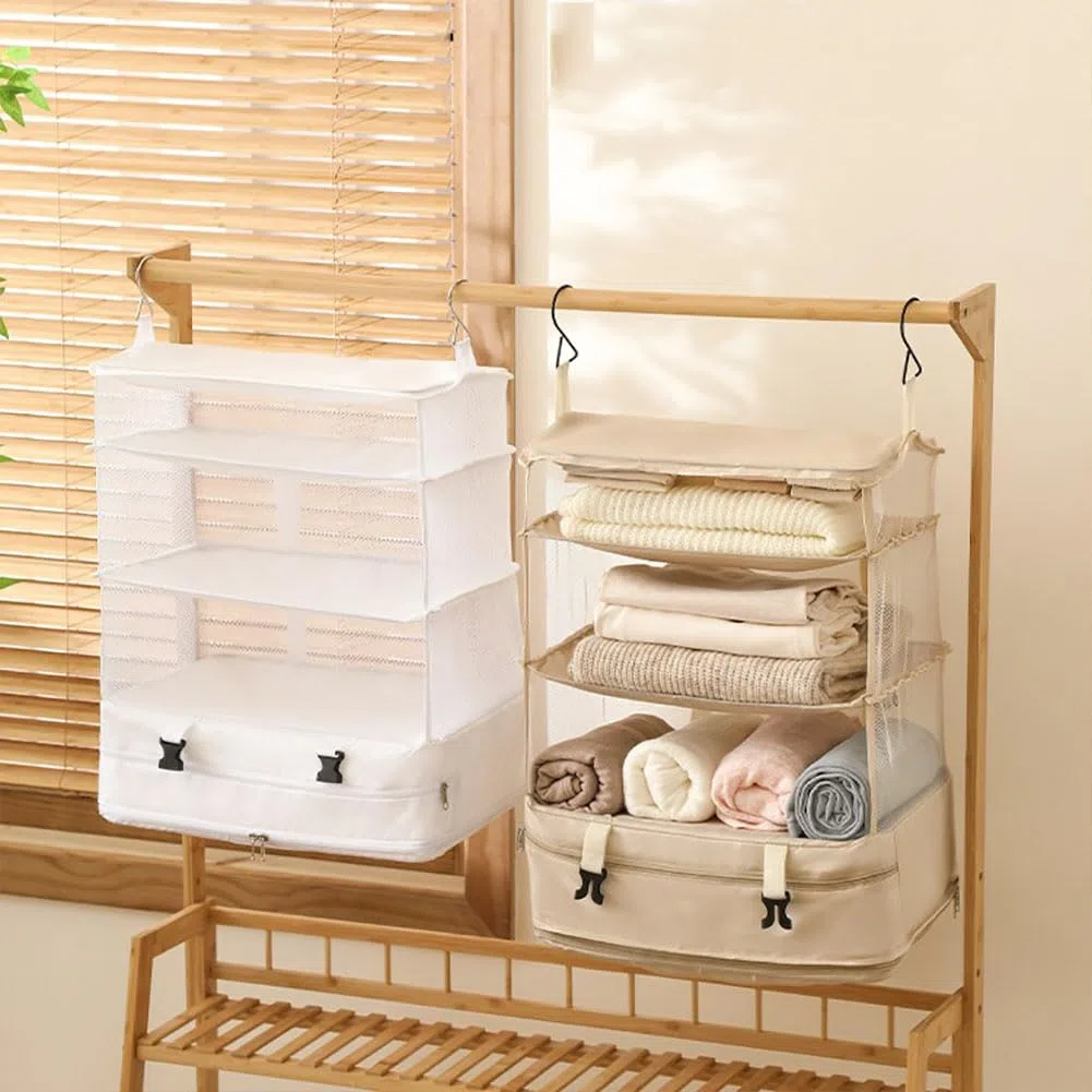 Organizer per valigia, da appendere, a cubo, a compressione con 3 ripiani, 2 ganci, pieghevole, per bagagli a mano, organizer da viaggio, portatile, cubo per zaino, bianco