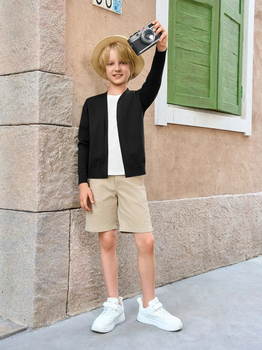 Haloumoning Cardigan per uniforme scolastica per bambini, lavorato a maglia, aperto sul davanti, a maniche lunghe, 5-14 anni