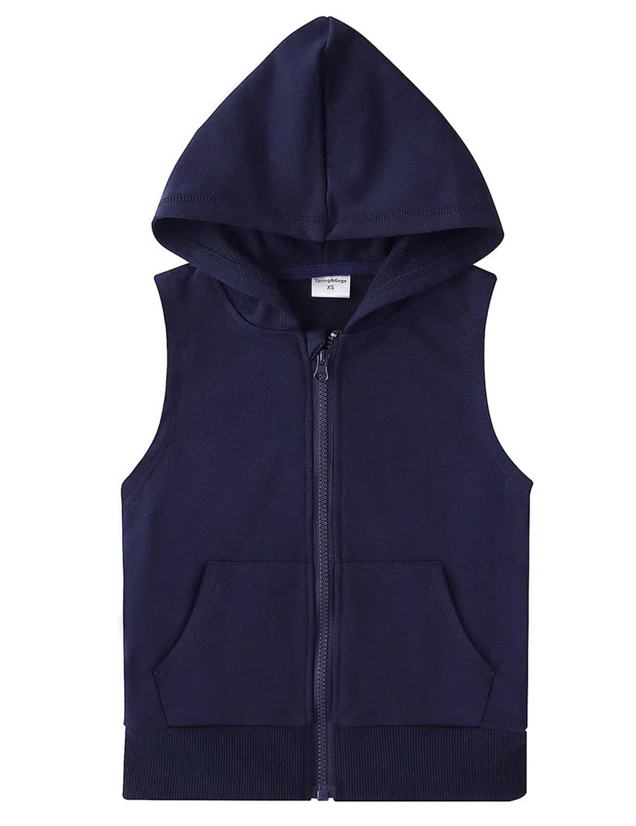 Spring&Gege Canotta da ragazzo con cerniera senza maniche con cappuccio e tasche