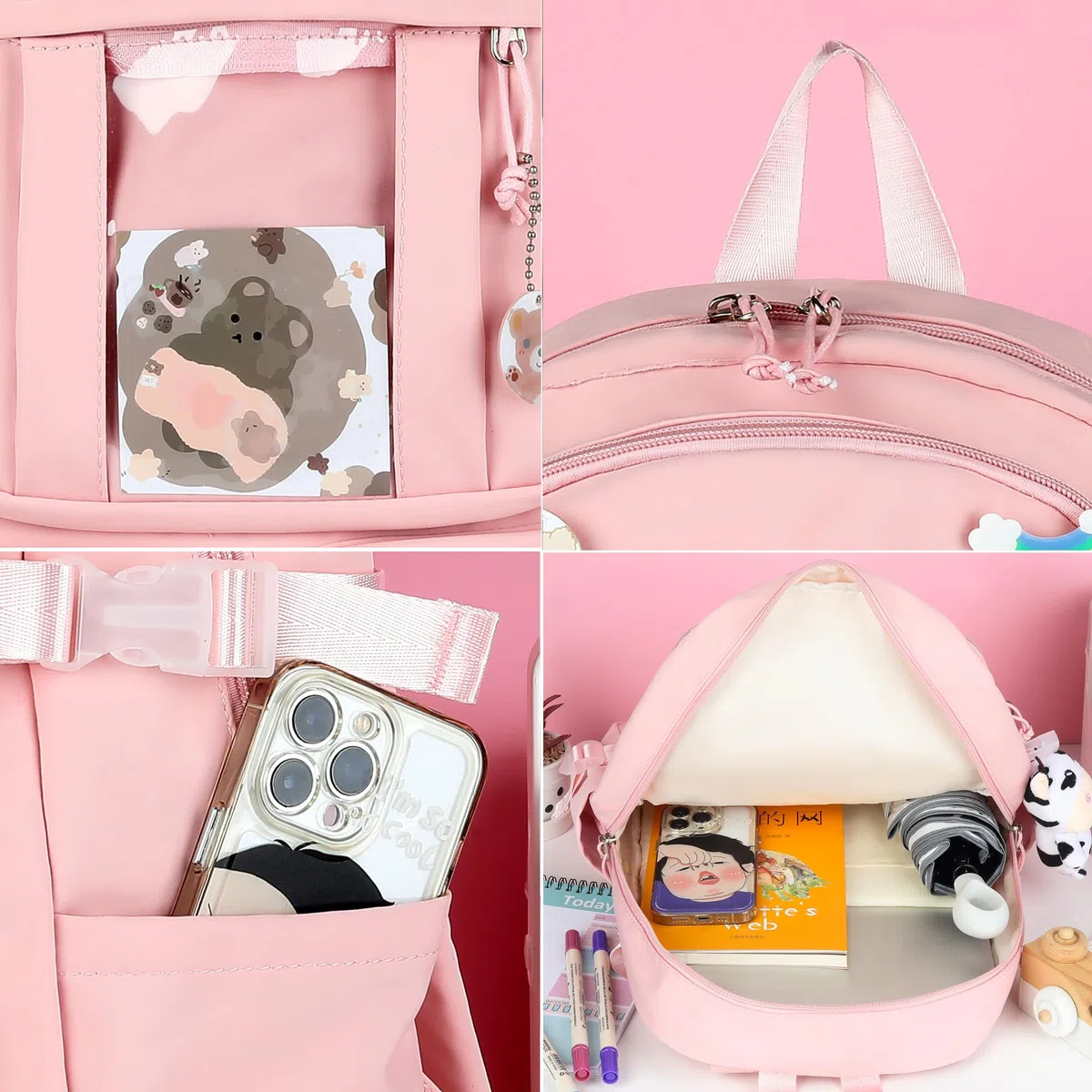 Zaino Kawaii con Accessori Graziosi Pin, Kawaii Peluche Giocattolo Animale Pin e Carta dei Cartoni Animati, Kawaii Backpack, Zaino Scolastico