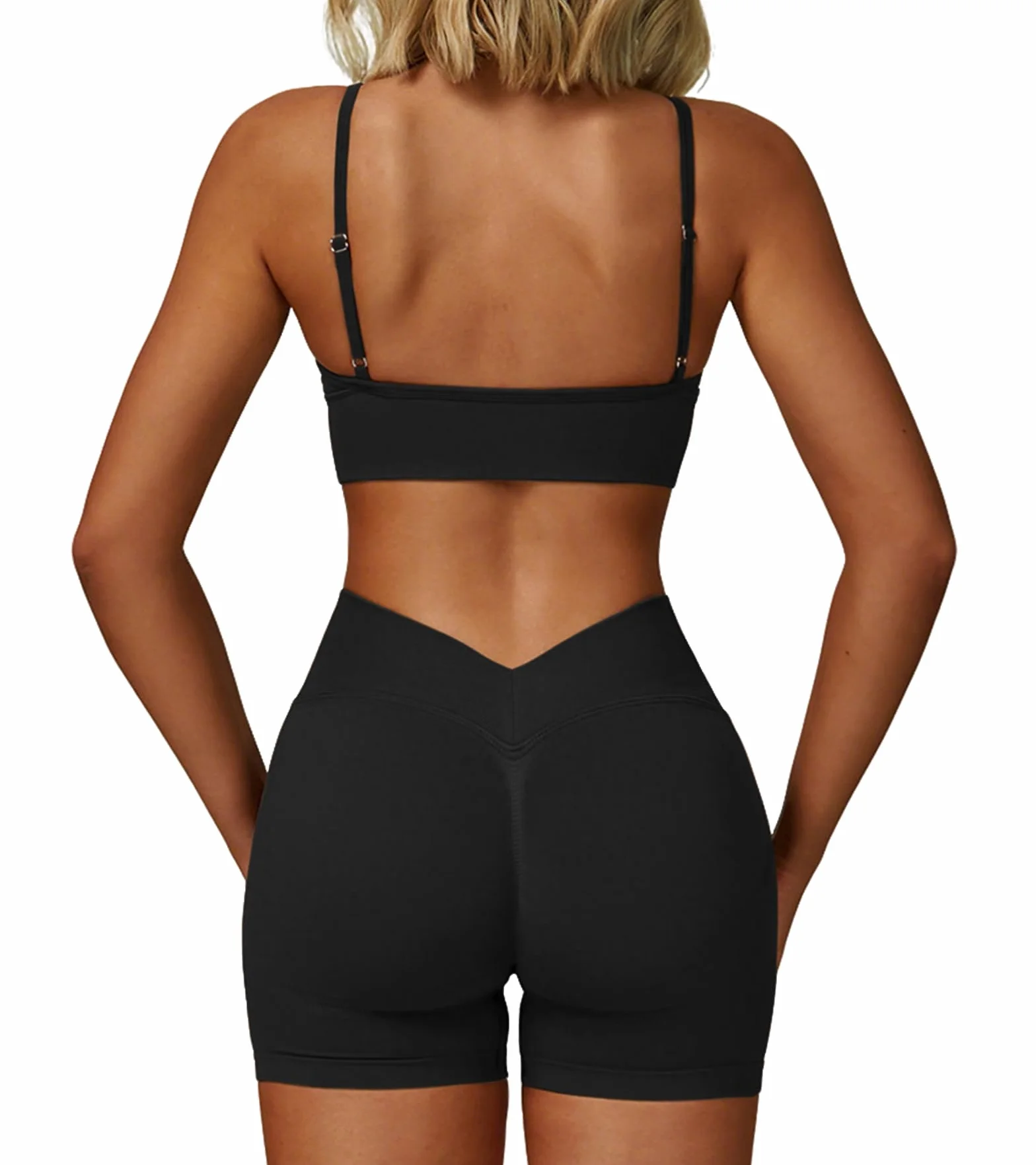 Sportivo Set Donna Palestra Costine Outfit Set Yoga Spalline Allenamento Fitness Abbigliamento Reggiseno Scollo a V Schiena Scoperta Abbinato Pantaloncini Scrunch Abbigliamento Senza Cuciture