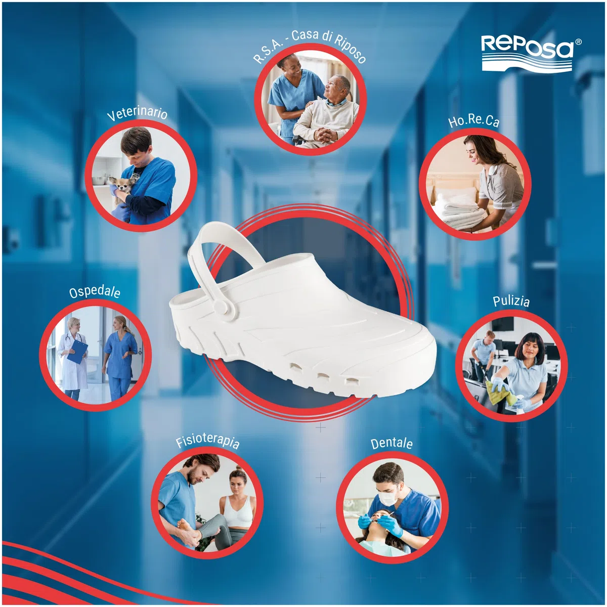 REPOSA Power - Zoccoli Sanitari Donna e Uomo in Gomma Comodi, Leggeri e Antishock, Scarpe da Lavoro Sanitario Anatomiche e Traspiranti con Fori Laterali - Scarpe Sanitarie Infermieri con Laccetto