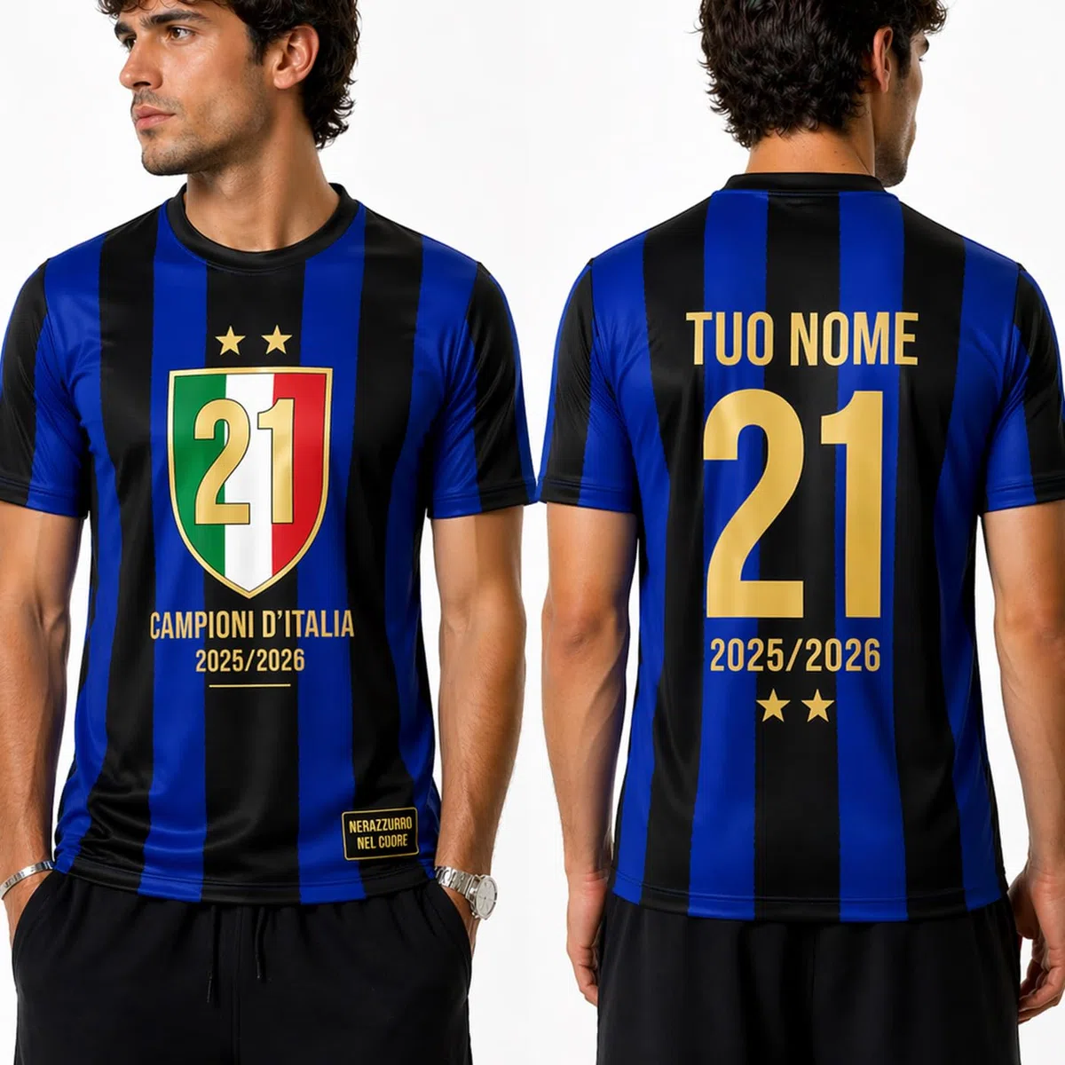 Fupies Maglia Calcio Personalizzata Stile Nero-Azzurro Campioni d'Italia 2025/2026 - Nome e Numero Personalizzabili - T-Shirt Sportiva Uomo - Idea Regalo Tifoso Scudetto