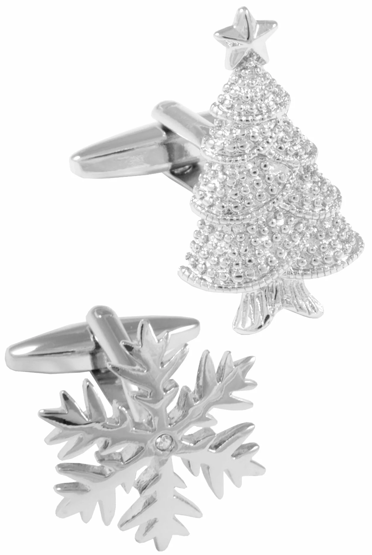 Gemelli Camicia Uomo Natale - Con Scatola - Classico Albero di Natale e Fiocco di Neve - Ottone - Argento Colorato - Un Paio