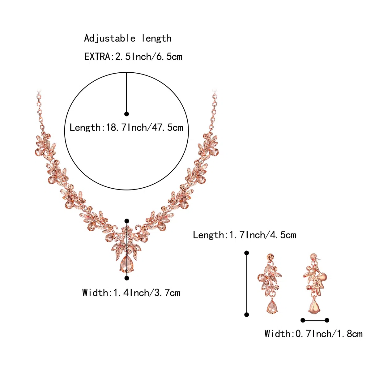 Costume Jewellery Set per Prom Party Goccia Foglia Strass Cristalli Ciondolo Collana e Orecchini Pendenti