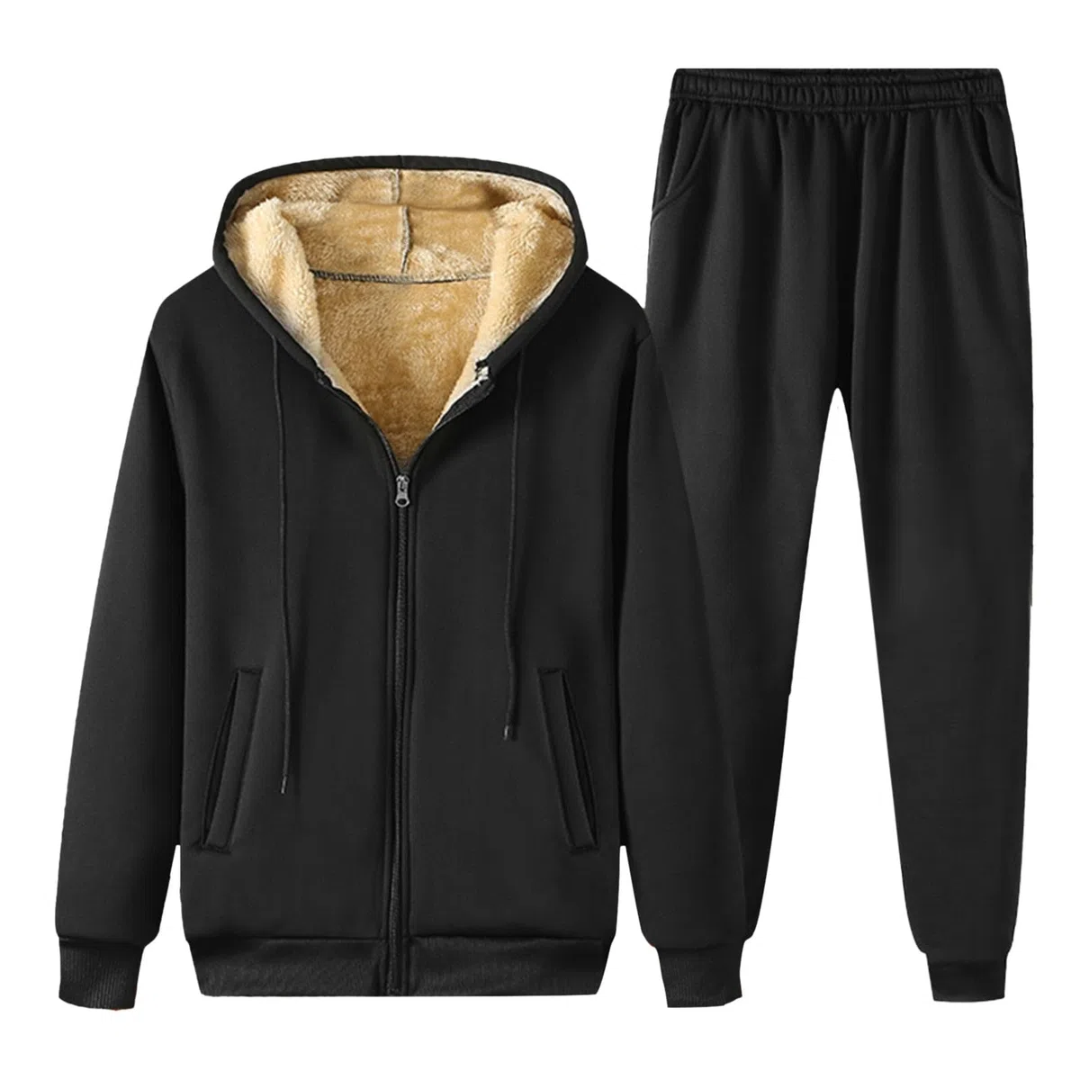 Tuta da uomo in pile invernale, da jogging, 2 pezzi, termica, calda, con cappuccio e pantaloni, tinta unita, per il tempo libero, accogliente, morbida, per la casa