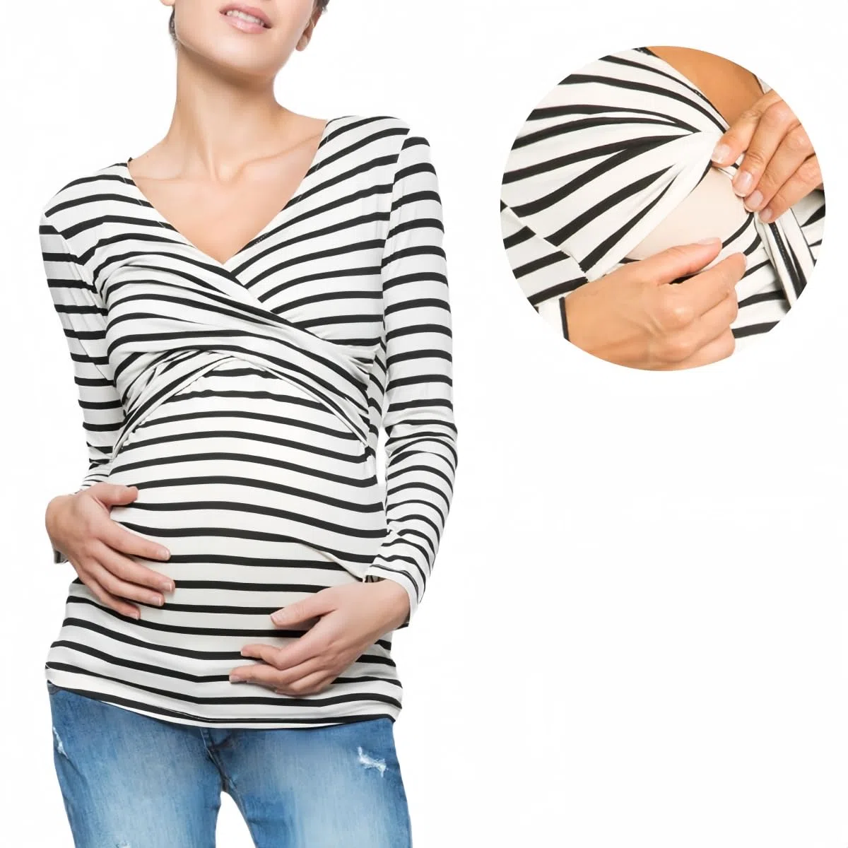 SamHeng Donne Manica Lunga Maternità Tops Allattamento T-Shirt Lift-up Allattamento Camicie Collo Rotondo Allattamento Top Strisce Gravidanza Vestiti