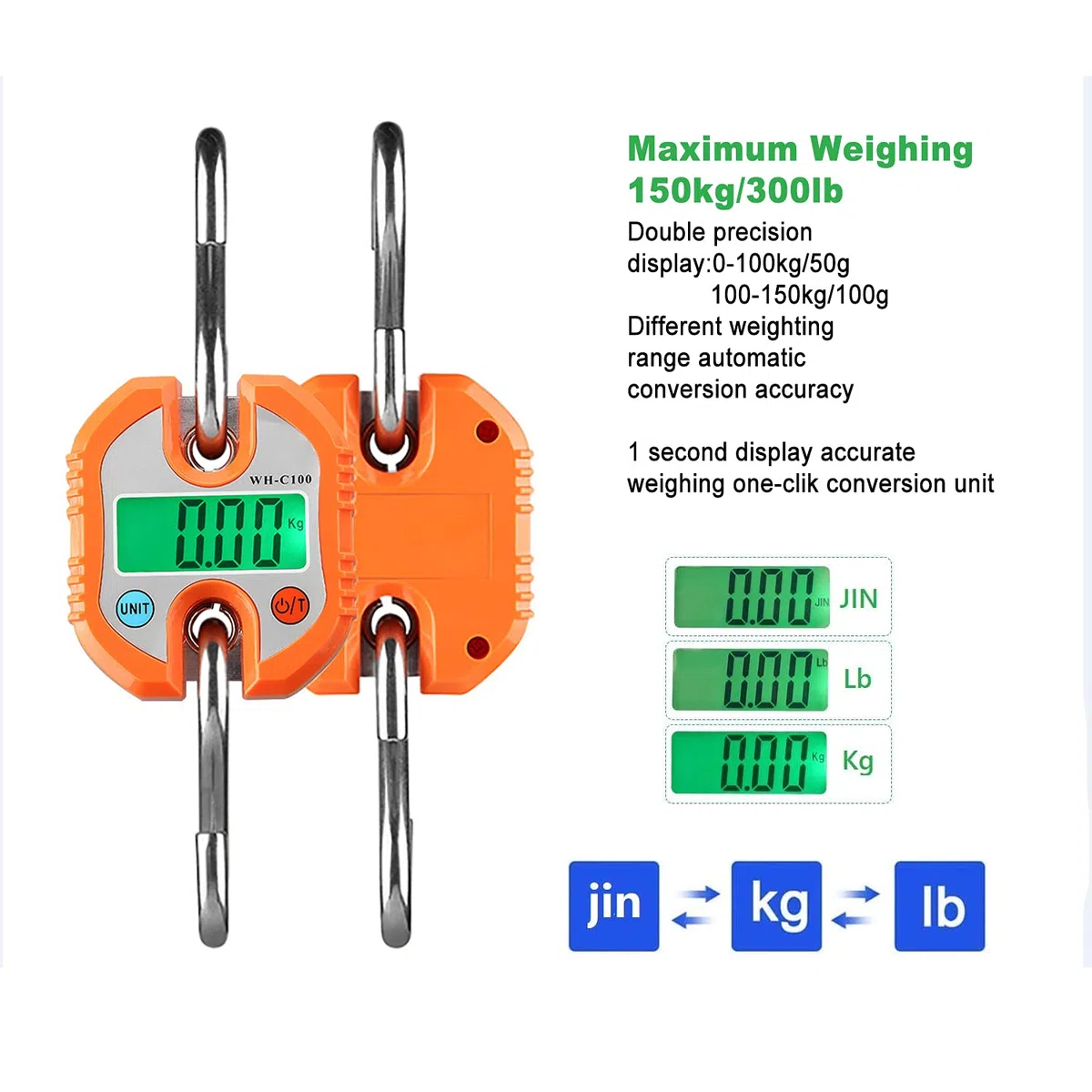 Rhorawill Digitale Bilancia a Gancio Bilancia Valigia 150KG Bilancia Pesa Valigie con Gancio Bilancia Portatile a Sospensione con Display LCD per Viaggio, Pesca, Caccia All'aperto (Arancione)