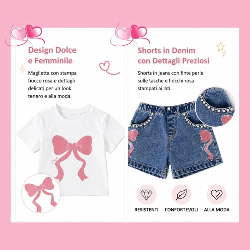 OrJana Completo Bambina 2 Pezzi con Unicorno, Maglietta con Volant e Jeans, Tema Unicorno e Arcobaleno