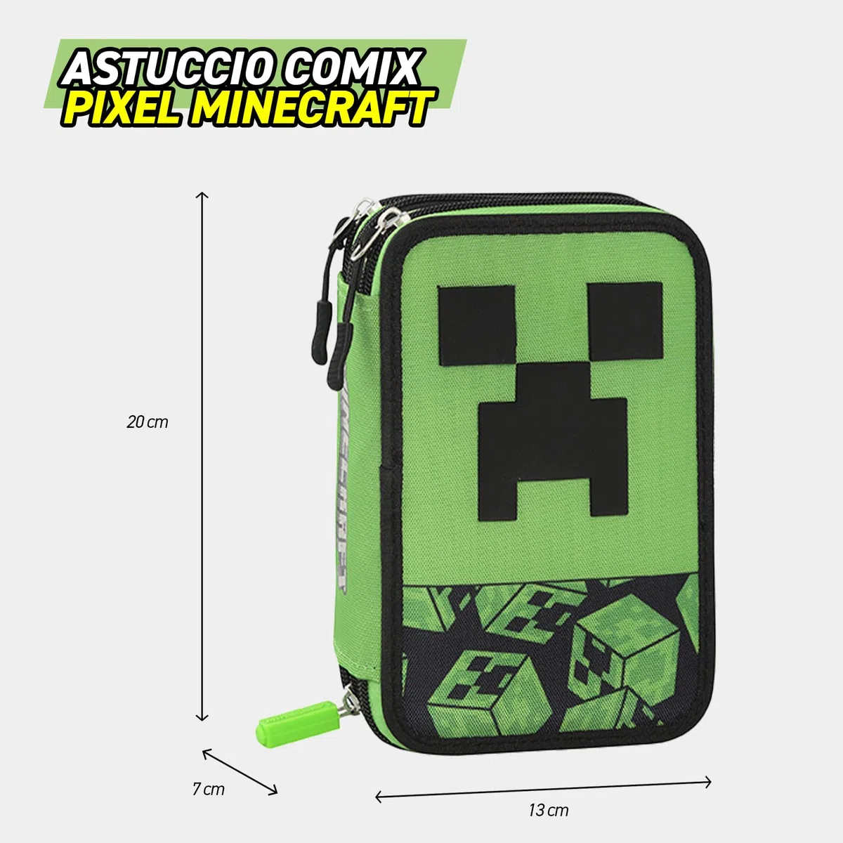 MINECRAFT - Astuccio Scuola Ufficiale Minecraft, Astuccio 3 Scomparti Bambini e Ragazzi con Set Cancelleria Incluso, 5 Etichette Adesive Portanome e Pratica Chiusura a Zip, 13x20Hx7 cm