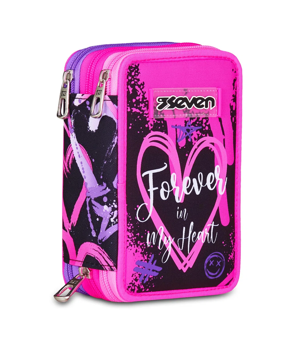 Seven Astuccio Scuola Elementare, 3 scomparti, Medie, con Matite, Pennarelli, Penne, 3 Zip, Lovely Elements, Bambina e Ragazza, rosa/viola
