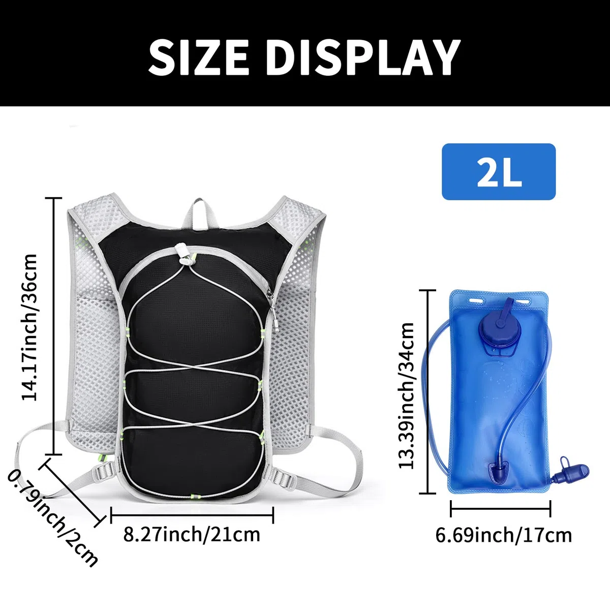 Gilet da corsa per donne e uomini, leggero, con sacca d'acqua da 2 l, per escursionismo, corsa, jogging, ciclismo, corsa, maratona, nero