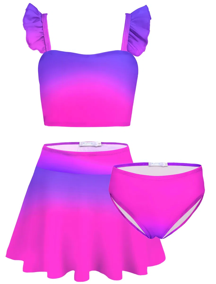 Arshiner Set Bikini per Ragazze 3 Pezzi Costume da Bagno A Sirena Floreale per Bambini con Volant Tankini con Gonna 5-12 Anni