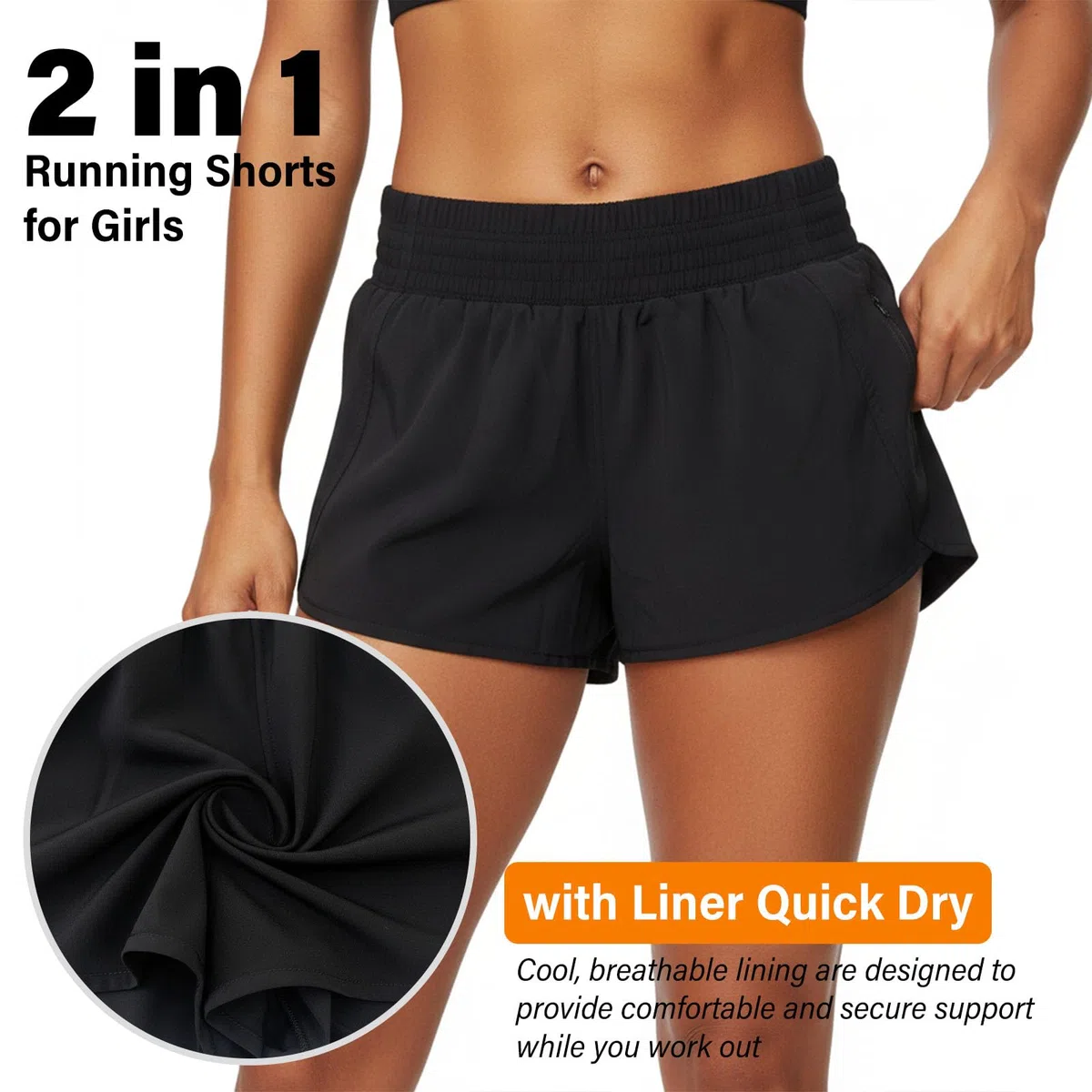 Pantaloncini da corsa 2 in 1 per ragazze, a vita alta, per atletica e palestra, con tasche foderate con cerniera, per tennis, yoga, danza, sport