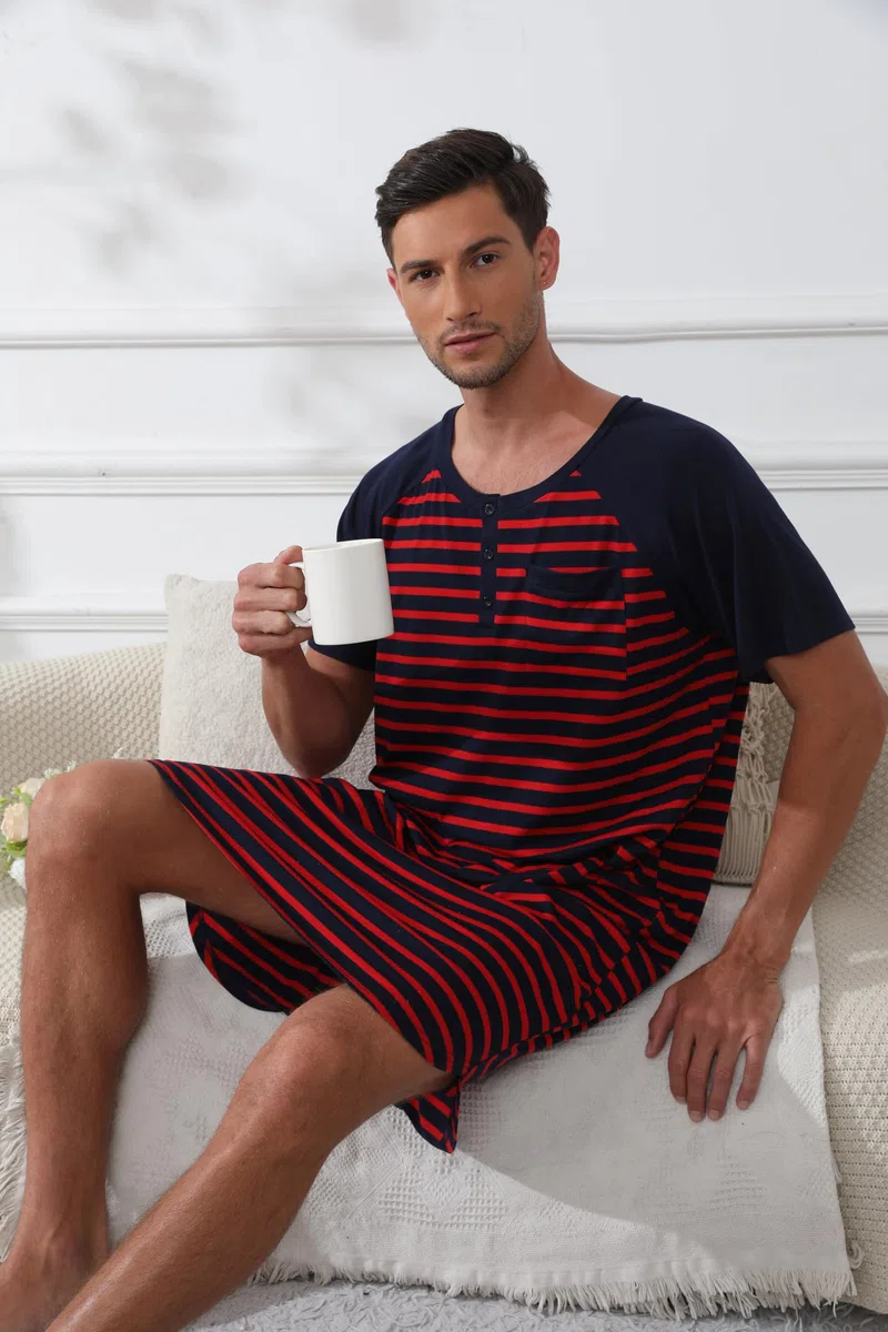 Enjoyoself Maglie Pigiama Maniche Corte Camicie da Pigiama da Uomo in Cotone per Primavera Autunno