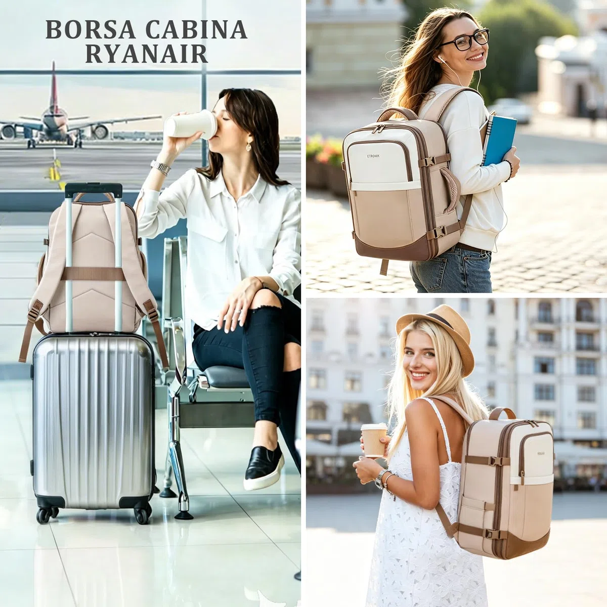 ETRONIK Zaino Ryanair 40x30x20 Sottosella, Zaino da viaggio aereo cabina espandibile 24-30L, Bagaglio a mano compatibile Wizz Air, Easyjet, Borsa da viaggio adatta per laptop 15,6 pollici, Cachi