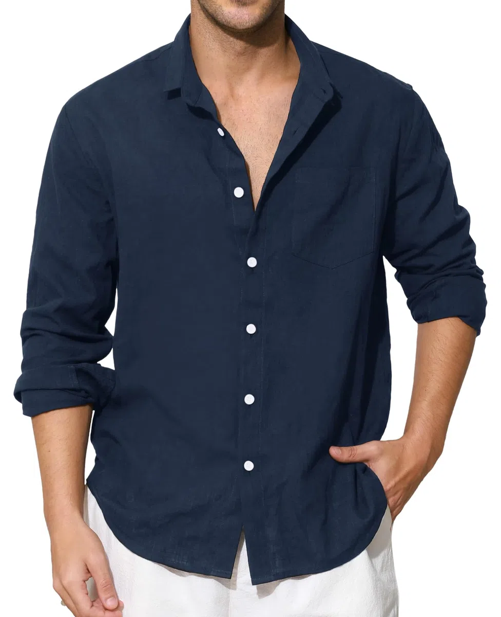 Enlision Camicia Lino Uomo Manica Lunga Estiva Cotone Henley Shirts Collo Coreana con Bottoni Tinta Unita Elegante Casual da Spiaggia S-4XL