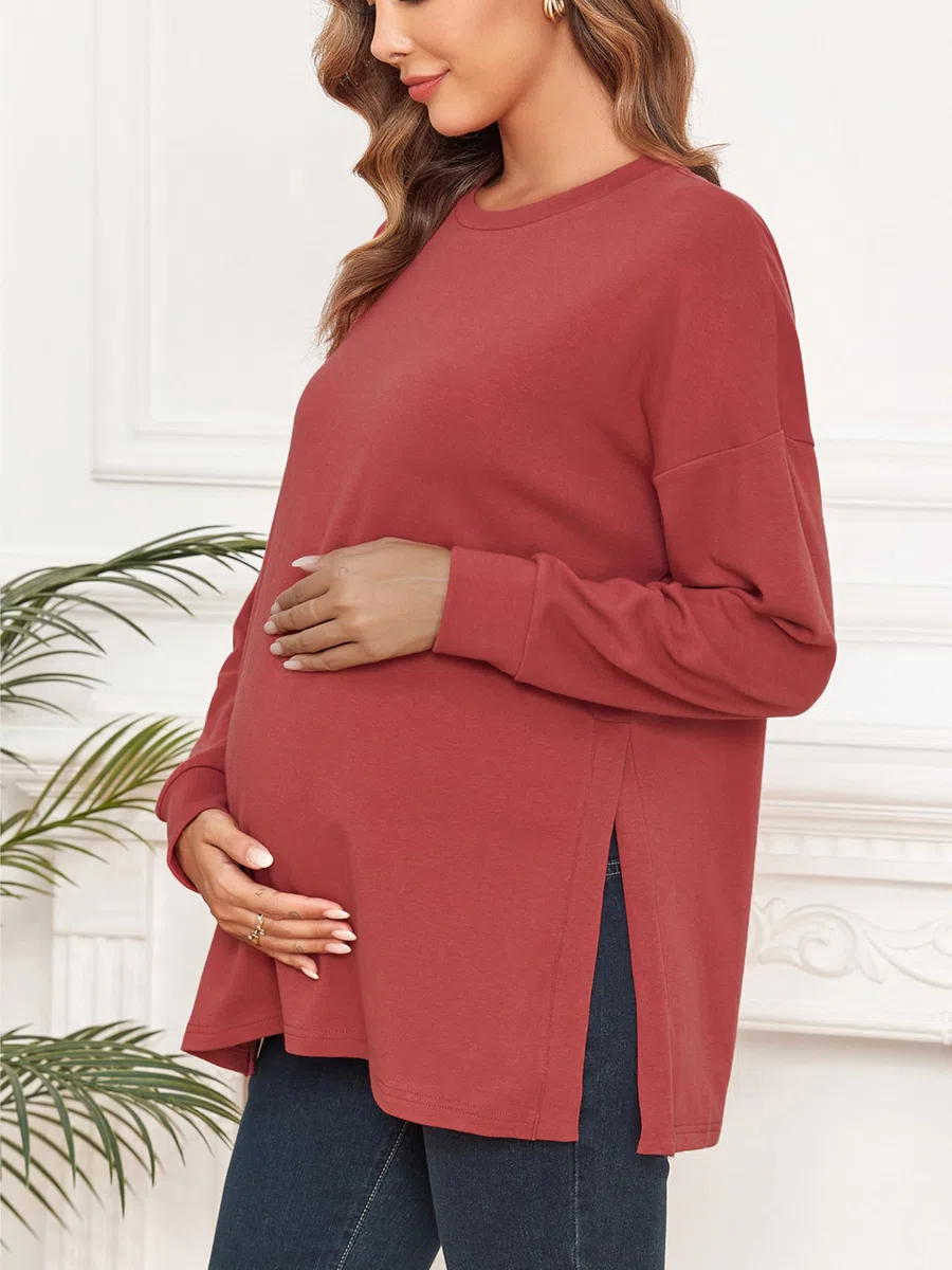 Top premaman da donna a maniche lunghe, vestibilità ampia, maglietta premaman con spacco laterale, abbigliamento premaman