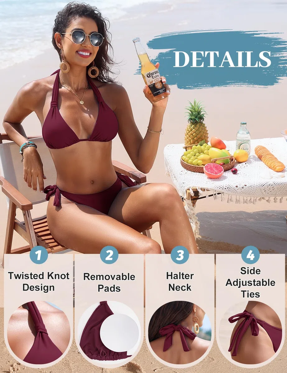 Sexy Bikini Triangolare Costumi da Bagno Donna Due Pezzi Cordino Regolabile sul Retro Pantaloncini da Bagno a Vita Bassa con Lacci Laterali Piscina Spiaggia