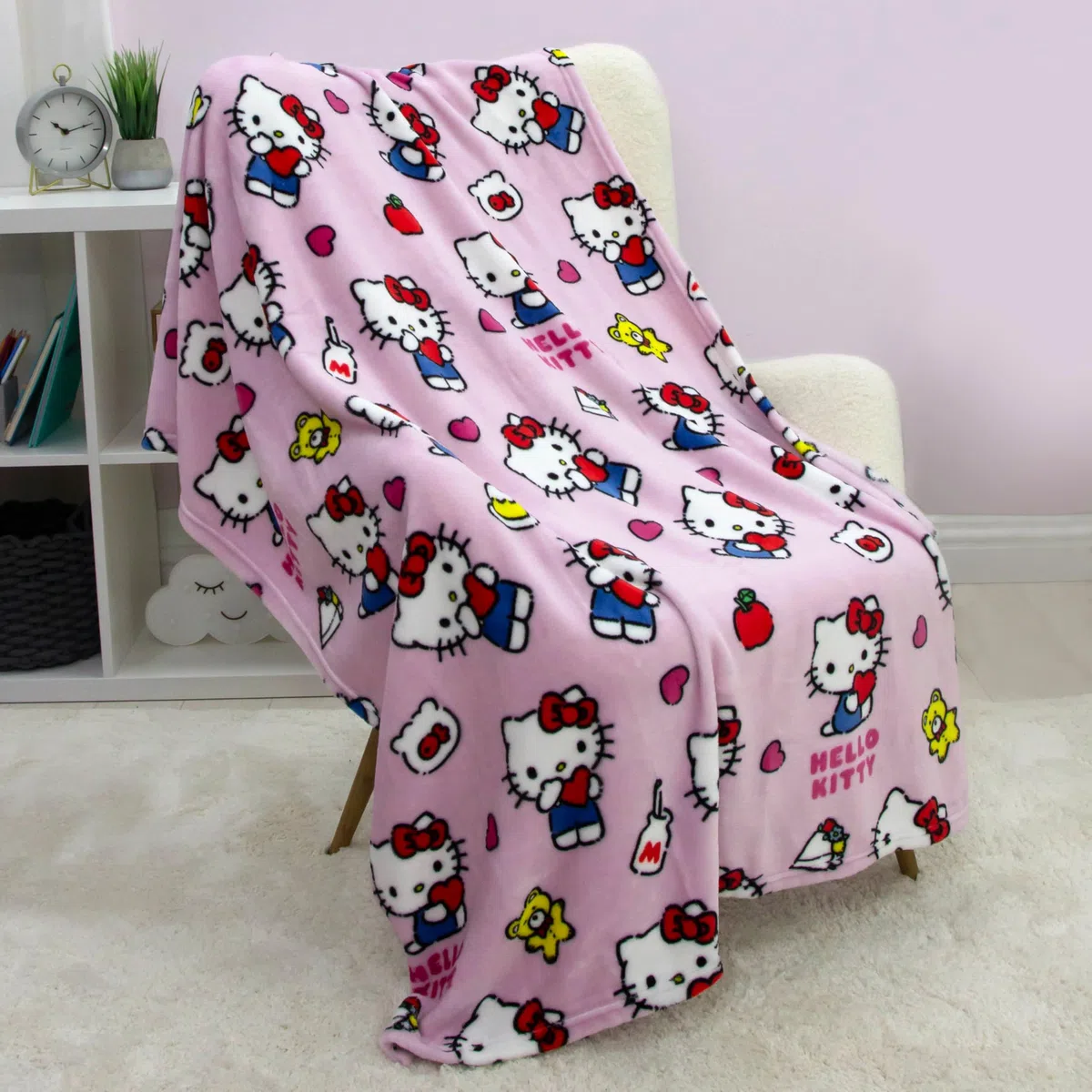 Coperta in pile con licenza Hello Kitty, super morbida, design rosa caldo con orsacchiotto e bottiglie di latte, perfetta per casa, camera da letto, pigiama party e campeggio, 100 x 150 cm