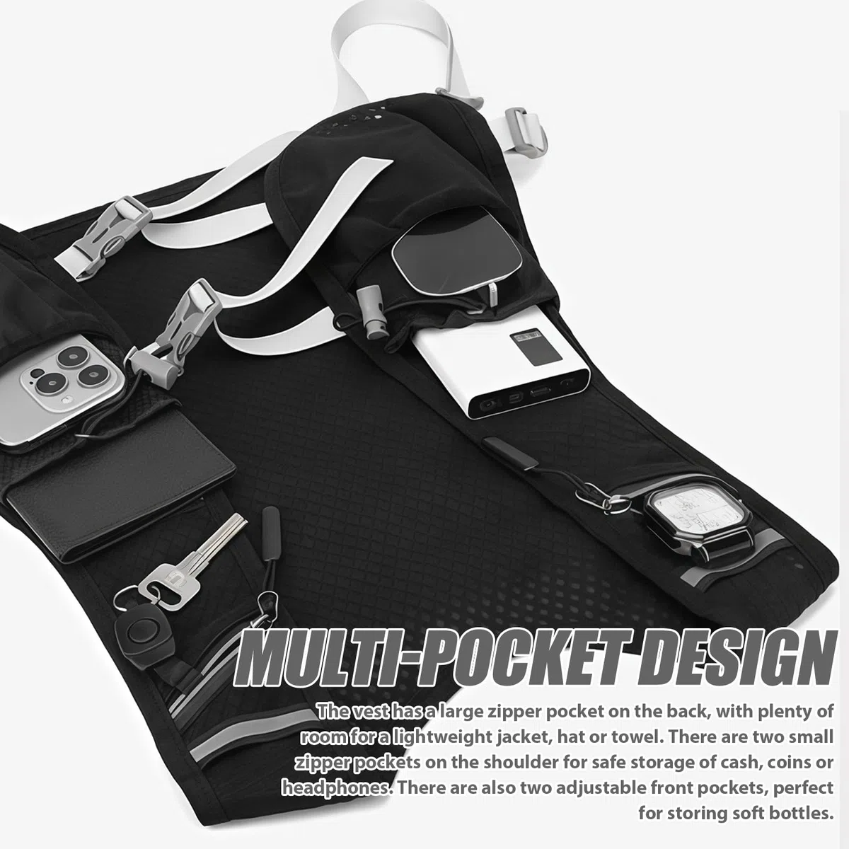 Wyety, Gilet da Corsa per Uomo e Donna con Zaino Riflettente Ultraleggero, 2 Bottiglie d'Acqua da 480 ml, Regolabile per Ciclismo, Maratone, Nero