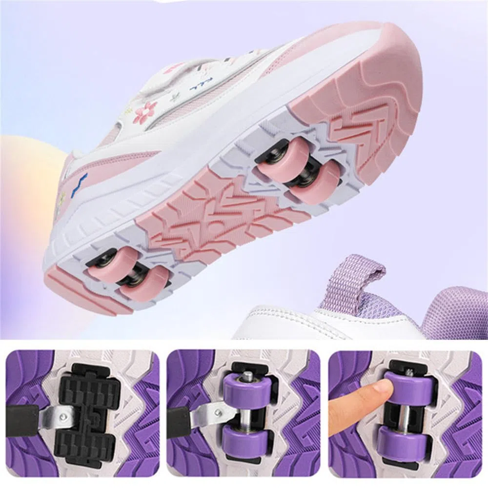 Mateju Scarpe con Rotelle Bambina Ragazza Ragazzo Sportive Scarpe da Skateboard, Fiori 4 Rotelle a Rimovibile Skateboard Ginnastica da Pattini Sneakers per Bambino