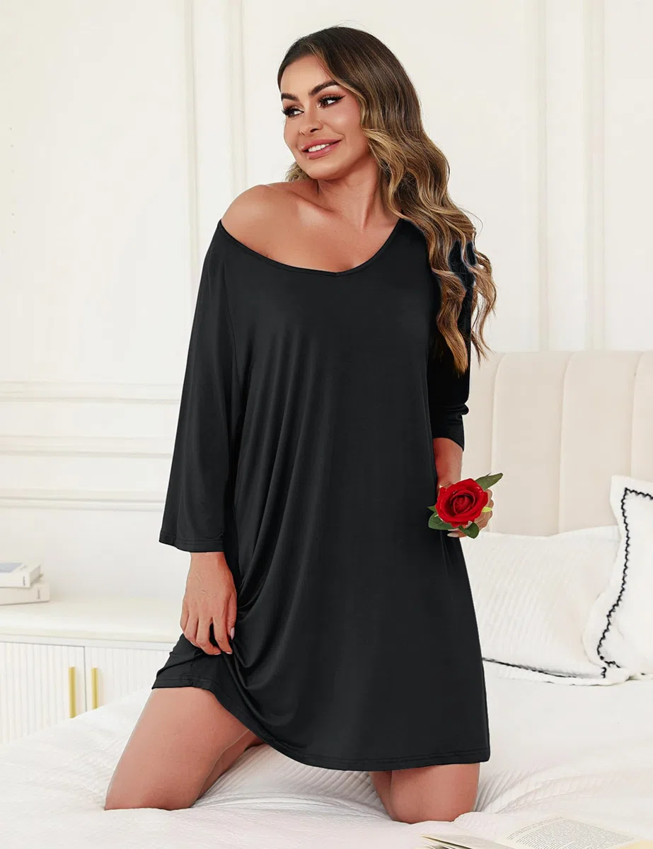 Bresdk Camicia da Notte Donna Cotone Modal Morbida Camicie da Notte Manica 3/4 Scollo a V Eleganti Taglie Forti Vestiti Premaman con Tasche
