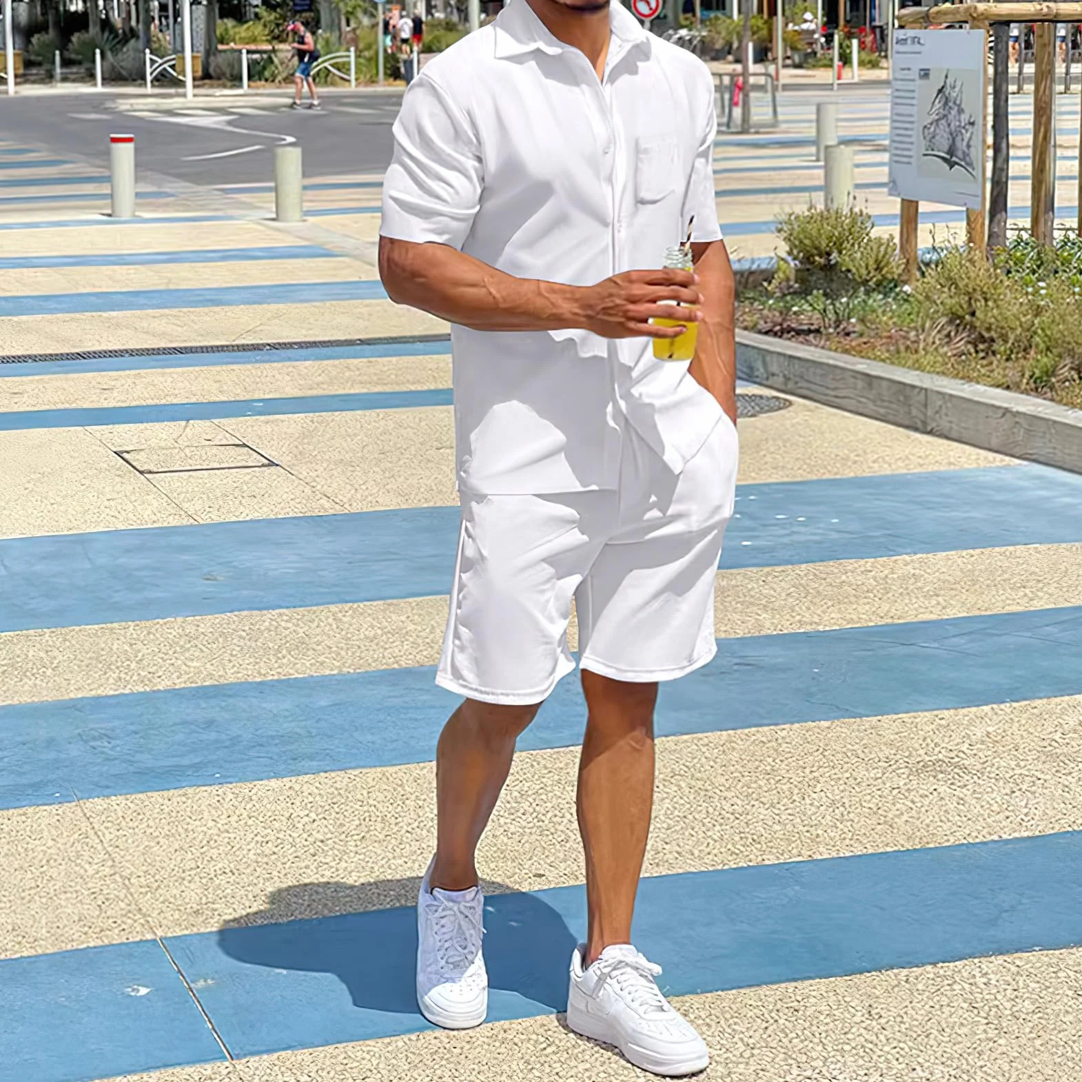 amropi Tuta Uomo Sportiva 2 Pezzi Maniche Corte Camicia Bottone e Pantaloncini Estiva Completo