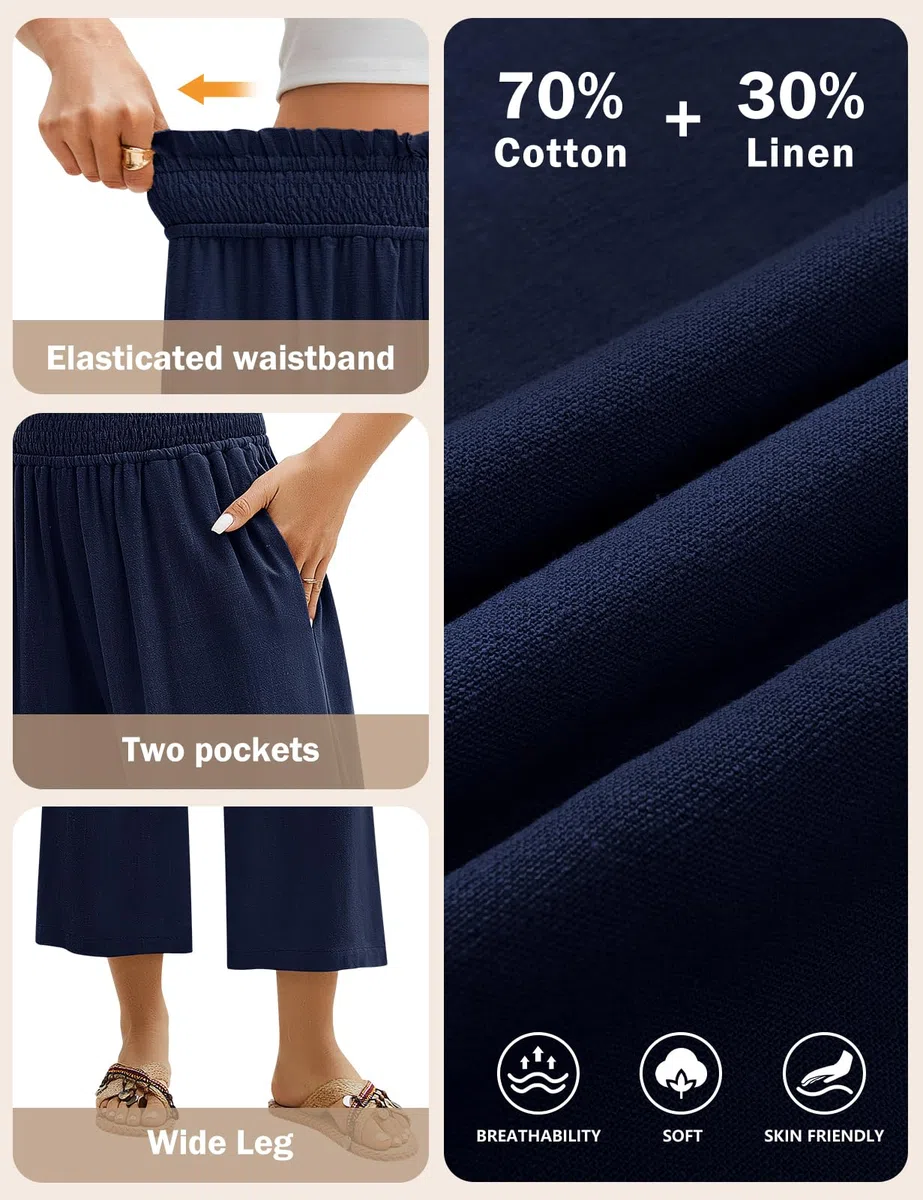 Pantaloni Lino Donna Estivi Leggeri Pantaloni Larghi Cotone e Lino Elastici in Vita 7/8 Pantaloni a Gamba Eleganti Casual Allentati Comodi Pants con Tasche