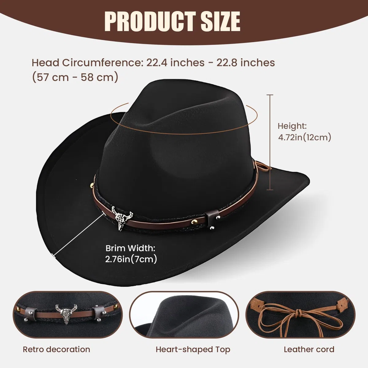 Aegistus Cappello da Cowboy Unisex, Cappello da Cowboy Western Classico in Feltro a Tesa Larga di Panama con Cinturino, Nero, Taglia Unica per Uomini e Donne