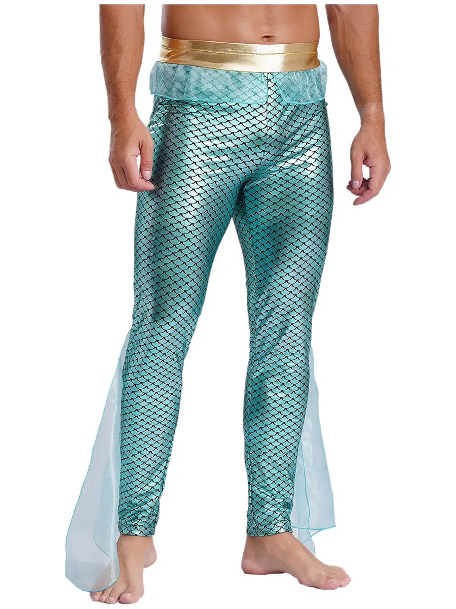 Costume Sirena Uomo con Stampa Squame Pesce Pantaloni Metallici Leggings Lucenti Pantaloni Ballo Costume Cosplay Carnevale E Fasching