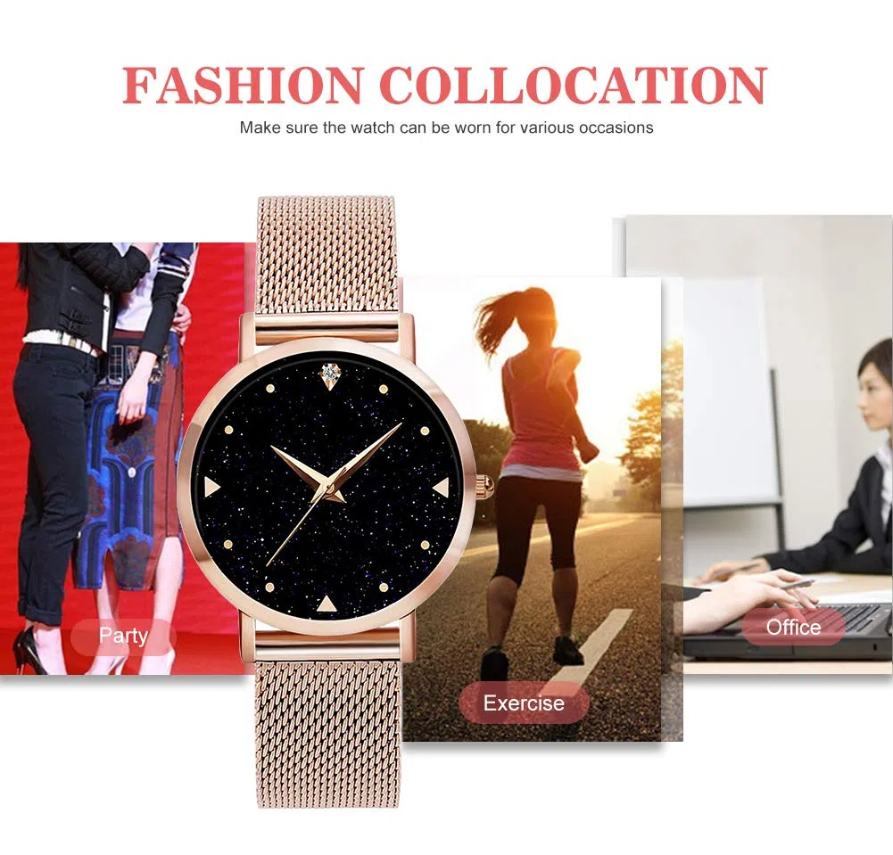 Orologi da donna ragazze, da polso al quarzo analogico Impermeabile 3ATM con cinturino in maglia di acciaio inossidabile oro rosa con quadrante blu con cielo stellato