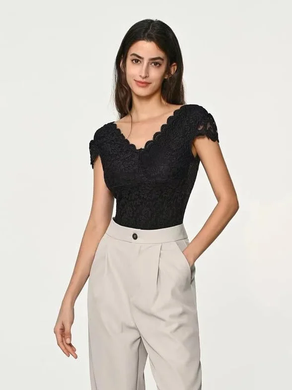 Haibang Body in Pizzo da Donna Sexy Scollo a V Bodysuit Top Floreale Aderente Camicetta a Maniche Corte Body Sottogiacca Elegante Cami Camicie Maglietta Blusa Clubwear