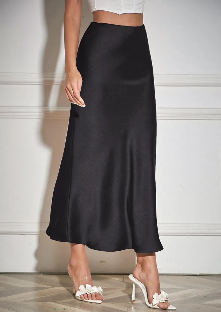 Gonna Raso Lunga da Donna Vita Alta Elegante Elastico Gonna Satin Casual Midi Gonne A Linea Ufficio Seta Pieghe Skirt a Mezza Autunno